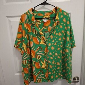 TABITHA BROWN Size 4X Green Orange Tropical Fruit Linen Blend Collared Shirt
